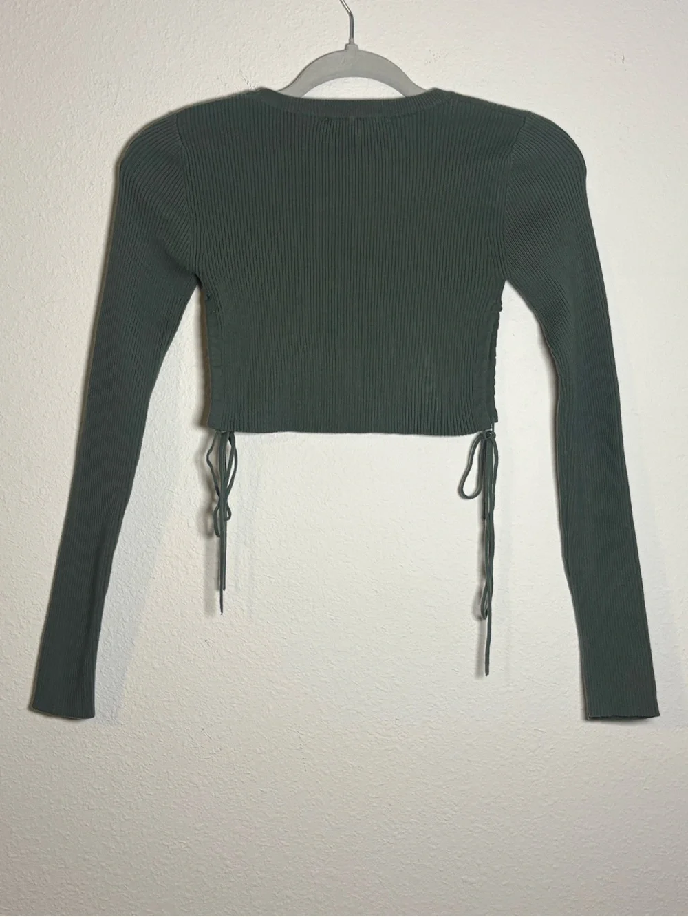 Zara Dark Olive Ribbed Long Sleeve Crop Top with Side Ties